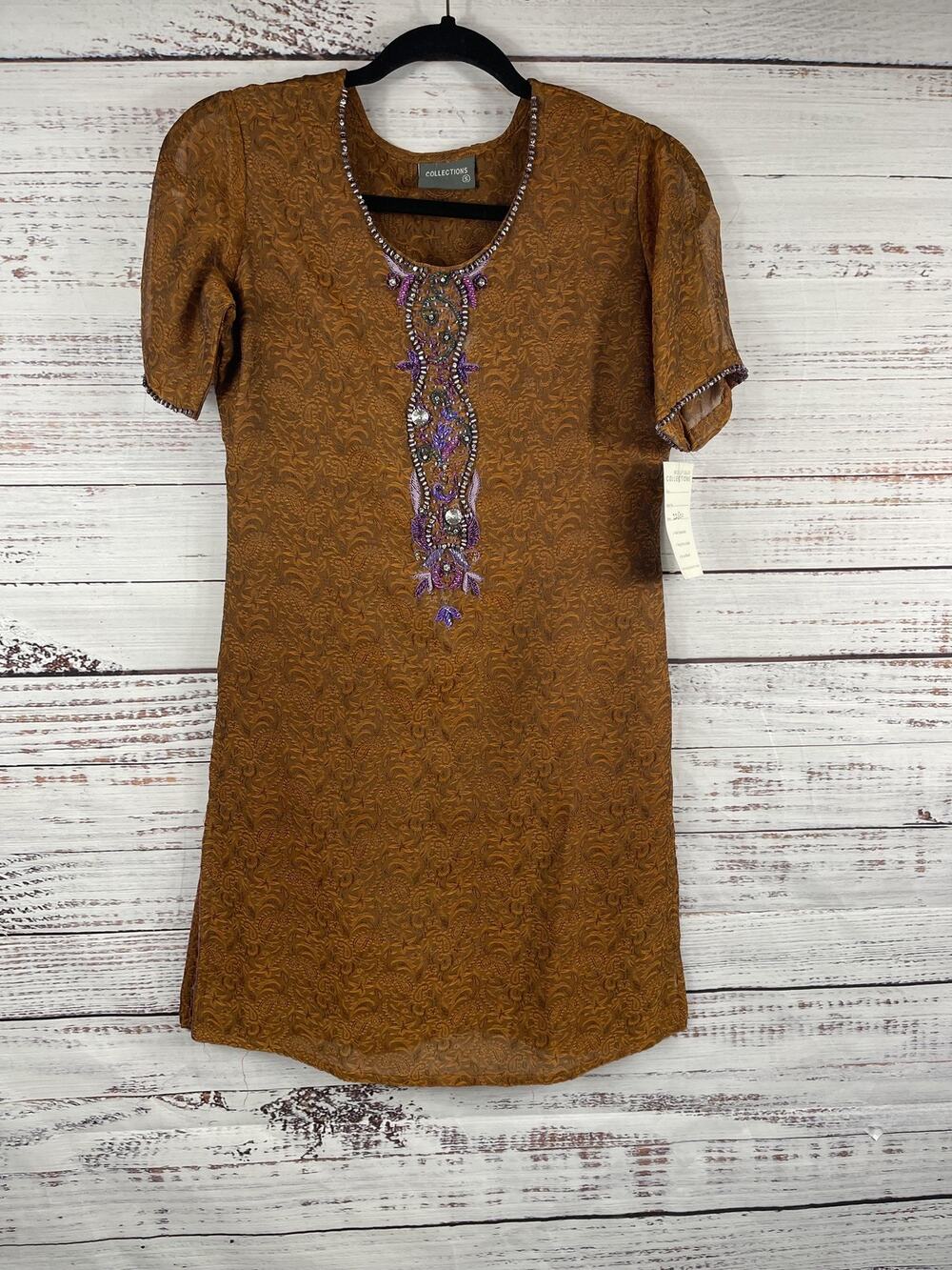 Collections Dress Women's Size Small Brown Jacquard Tunic Beaded Embellished